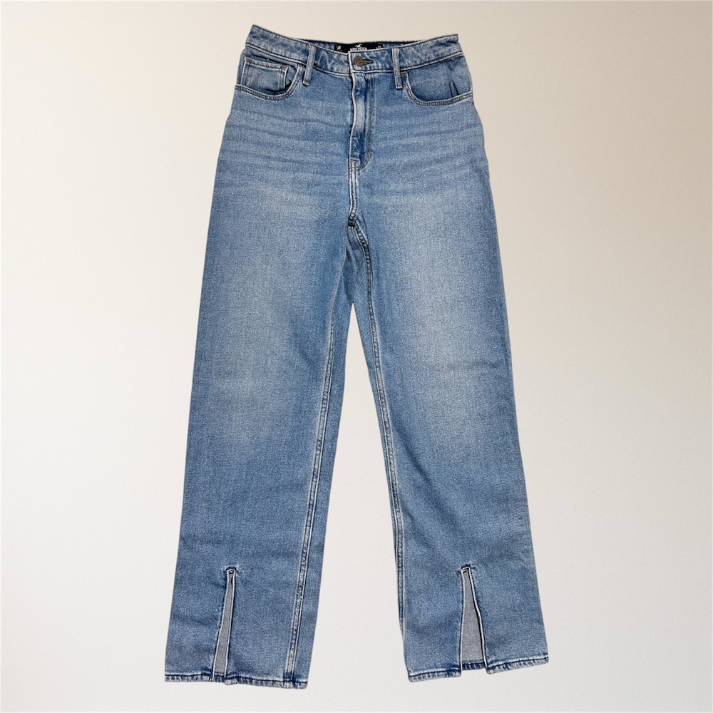 Hollister Light Wash High Rise Dad Jeans W27‎ L31 Slit Hem Stretch Denim Retro
